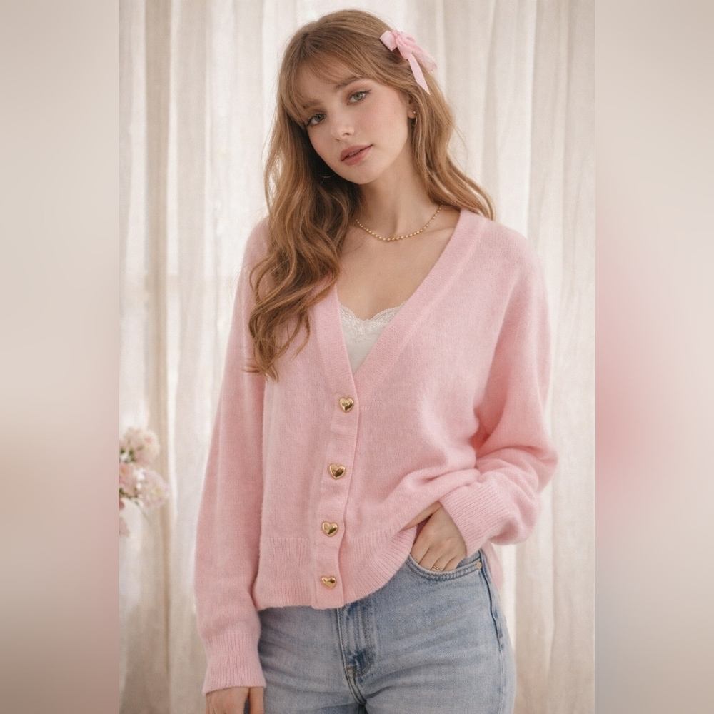 Crown & Ivy Pink Cardigan Gold Heart Buttons Coquette Feminine Balletcore Large